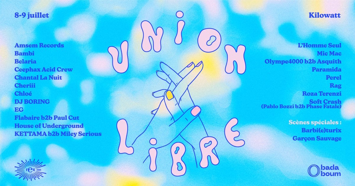 Ce WE, les clubs parisiens du <a href="/rexclub/">Rex Club</a> et du <a href="/lebadaboum/">Badaboum-paris</a> ont eu la bonne idée d’organiser l’événement Union Libre, au Kilowatt à Vitry sur Seine. 
Quand la nuit parisienne devient métropolitaine. 🤗🕺🏻💃🏽