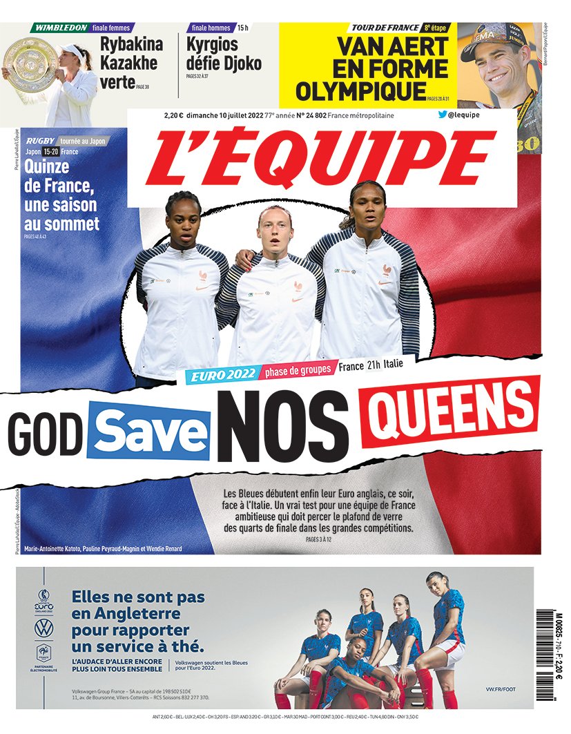 sportricolore's tweet photo. 🇫🇷 La Une de @lequipe du jour 🗞️

Début de l'Euro ce soir à 21h pour nos Bleues ⚽️ https://t.co/OktbsUYZME