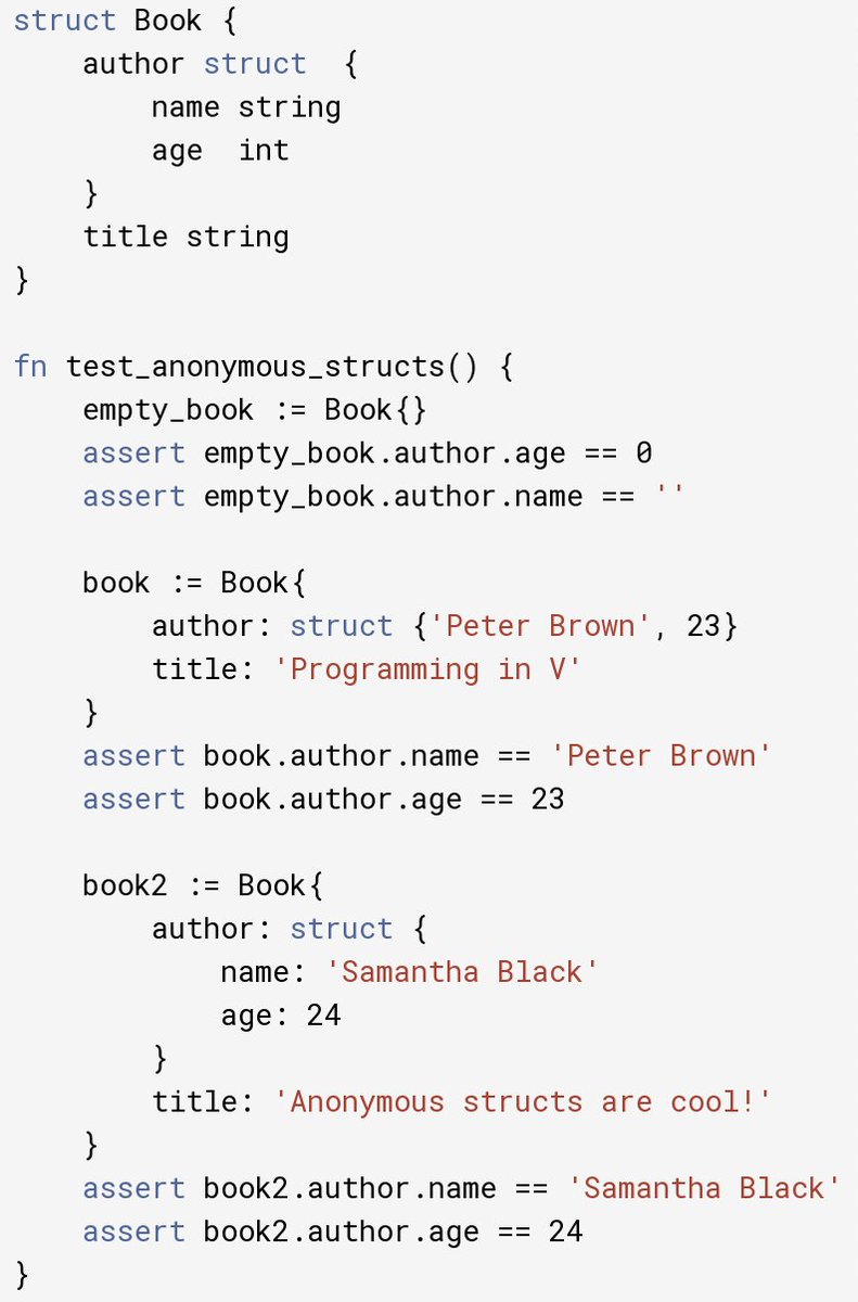 v_language's tweet image. V now has anonymous structs!