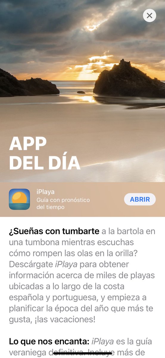 ¡iPlaya es App del día en el <a href="/AppStoreES/">App Store en español</a>! 🤩 Qué ilu 🥹
<a href="/iPlaya_app/">iPlaya</a> #AppStore #FEATURED