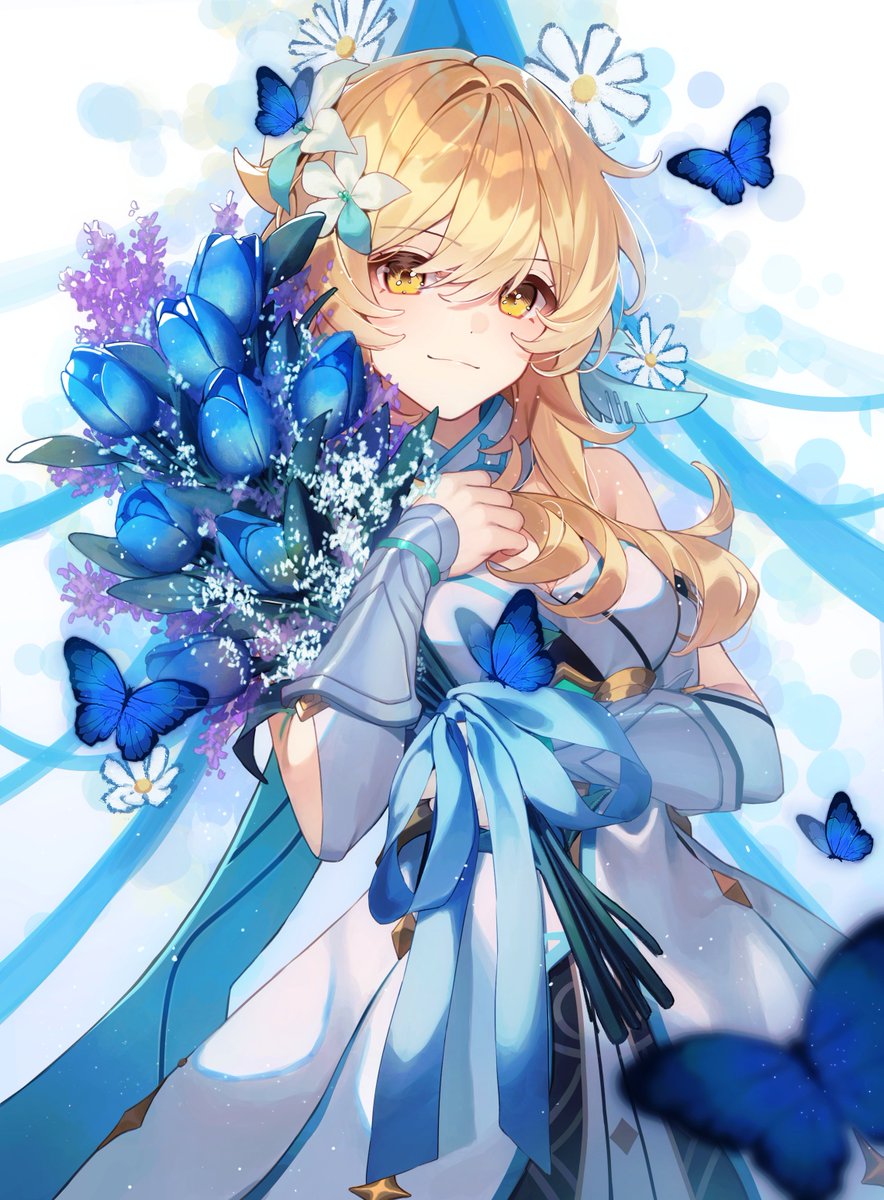 lumine (genshin impact) 1girl flower blonde hair hair flower hair ornament solo butterfly  illustration images