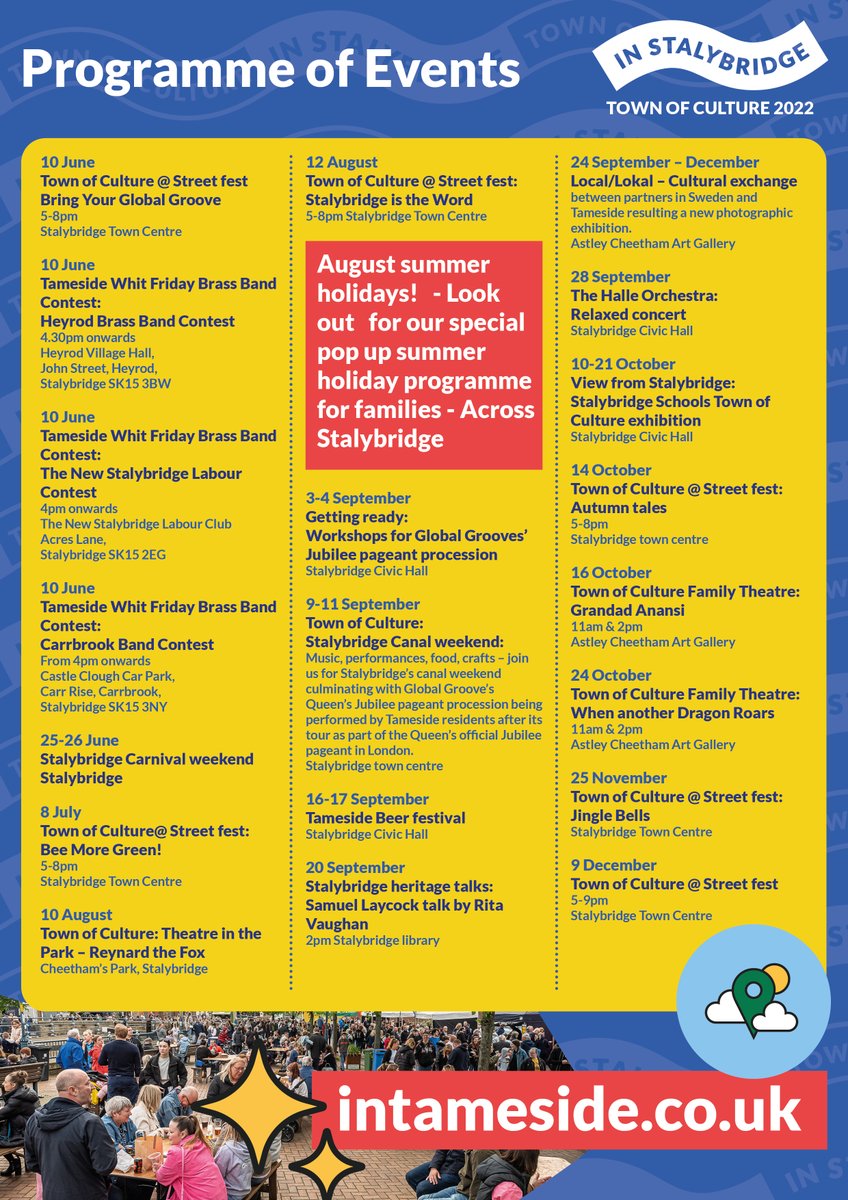 TamesideCouncil's tweet photo. ๐ฃ Check out our #TownOfCulture events programme!
Thereโs something for everyone to enjoy, from theatre and festivals to heritage talks and creative workshops for all ages.
Keep up to date over at๐ https://t.co/iAFhFyEO3V
#inTameside
#StalyStreetFest https://t.co/NwJx1J2Yew