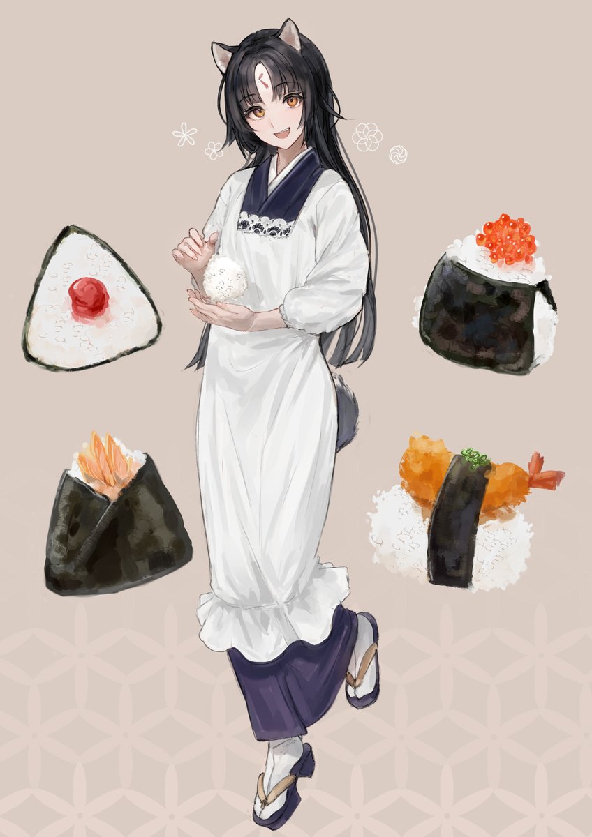 1girl onigiri food solo animal ears apron long hair  illustration images