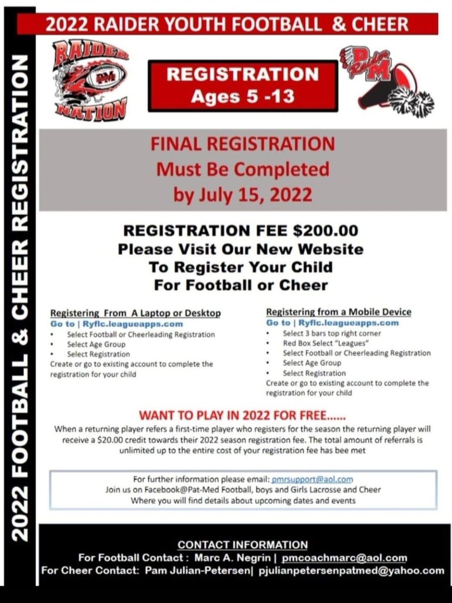 𝐎𝐍𝐋𝐘 3 𝐌𝐎𝐑𝐄 𝐃𝐀𝐘𝐒 𝐓𝐎 𝐑𝐄𝐆𝐈𝐒𝐓𝐄𝐑!!! 🏈🏈

If your child is between the ages of 5 and 13 and is interested in playing football or participating in cheer for the ℝ𝔸𝕀𝔻𝔼ℝ 𝕐𝕆𝕌𝕋ℍ 2022 season, make sure to sign up by THIS WEDNESDAY, JULY 15th!!!