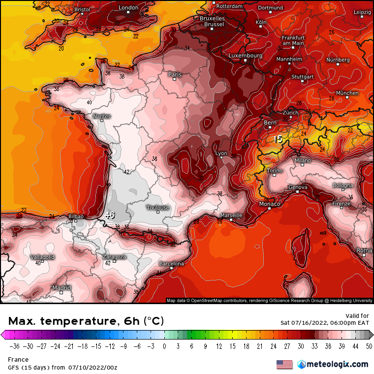 SergeZaka's tweet photo. [Confirmation] Dès le 12 juillet, il est dorénavant tr��s probable que la 🇫🇷 vive l'une de ses (la?) #canicule les + intenses durant la période de (pré)-pollinisation du maïs. L'agriculture 🇫🇷 s'enfonce encore dans l'inconnu.
Seuil de dégâts à 35°C. Largement + de 40°C probables. https://t.co/fMCVAvZXw5