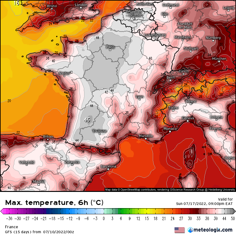 SergeZaka's tweet photo. [Confirmation] Dès le 12 juillet, il est dorénavant tr��s probable que la 🇫🇷 vive l'une de ses (la?) #canicule les + intenses durant la période de (pré)-pollinisation du maïs. L'agriculture 🇫🇷 s'enfonce encore dans l'inconnu.
Seuil de dégâts à 35°C. Largement + de 40°C probables. https://t.co/fMCVAvZXw5