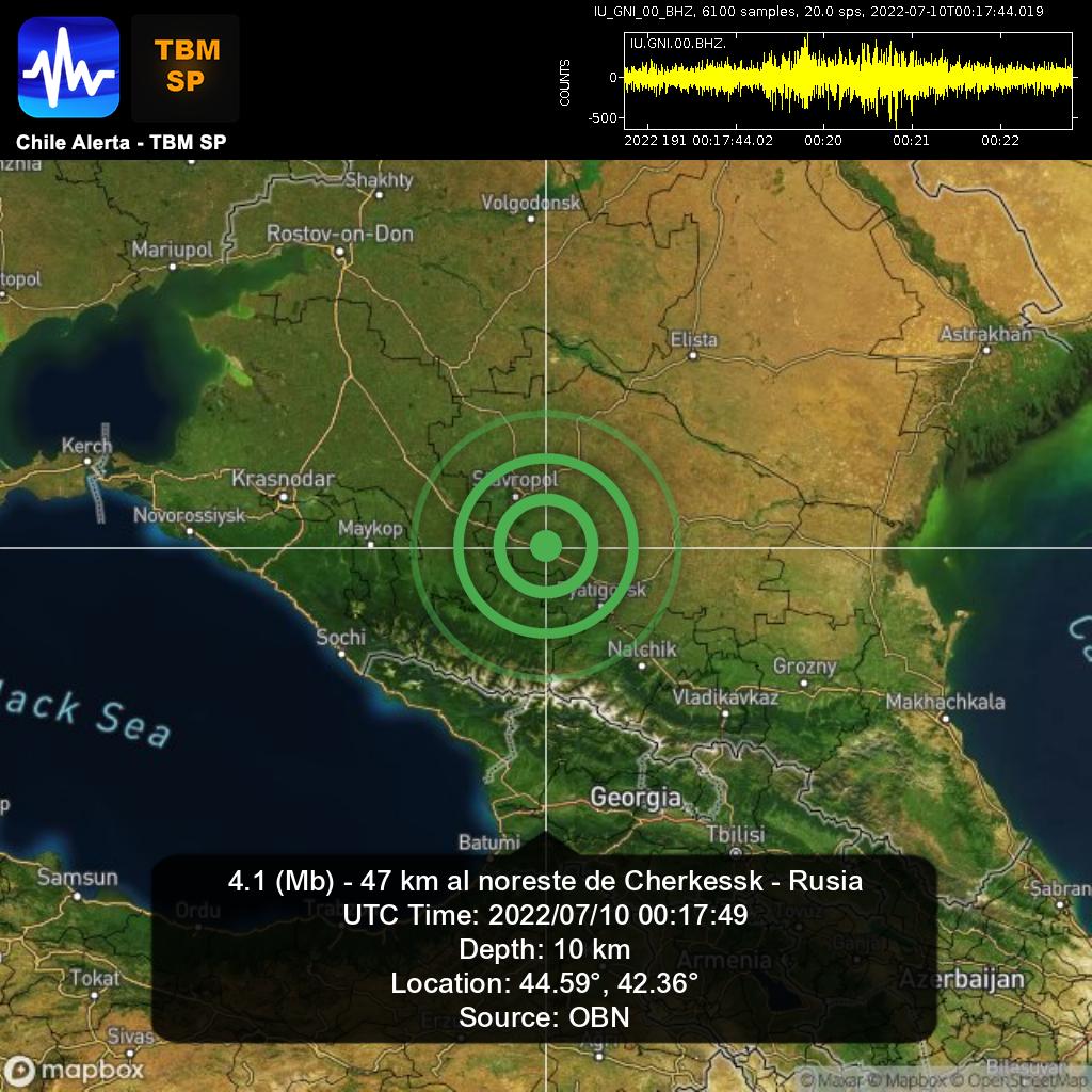 ChileAlertaApp's tweet photo. New #Earthquake. 🌎
4.1 (Mb) - 47 km al noreste de Cherkessk - Rusia.
2022/07/10 00:17:49 UTC.
App: https://t.co/RblVNxZYn8
#Cherkessk #Rusia #earthquake #sismo #temblor #terremoto https://t.co/74GBrPLgPG