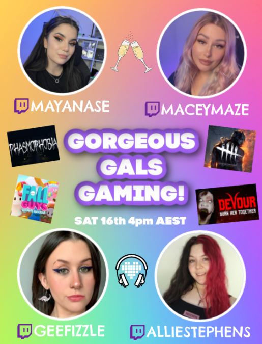 Just a group of gorgeous aussie girls getting together and playing some games!! To be able to collab with these AMAZING content creators is such a pleasure and I cannot wait EEEEP!!
Join us on Saturday the 16th of July at 4:00pm (AEST) for some DBD, phas, devour and fall guys!💜
