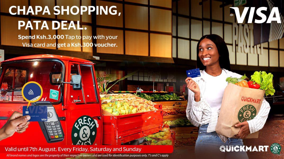 Tap to pay with your Visa card at a Quickmart Supermarket in #Kenya and get Ksh. 300 voucher when you spend Ksh. 3000 or more. The voucher may be redeemed instantly or with your next shopping. #paywithVisa