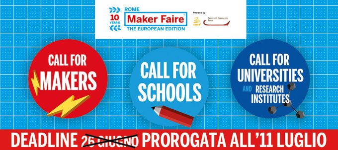 C'è tempo fino a domani, #11 luglio, per partecipare alle Call di #MFR2022! Invia subito il tuo progetto ⤵ 
Call for Makers: bit.ly/3i7ndA0 
Call for Schools: bit.ly/3nGNmpF 
Call for Universities &amp; Research Institutes bit.ly/3iS7xON
