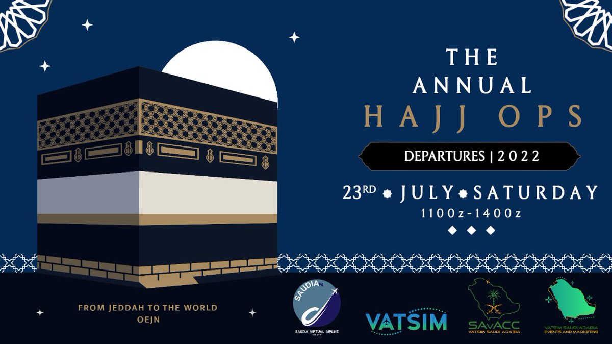Once again, VATSIM Saudi Arabia invites you to fly out of Jeddah airport, OEJN to anywhere in the world on the 23rd of July, 2022 from 1100z to 1400z to simulate the traffic movement at king Abdulaziz airport after the Hajj season.

Saudi Arabia HQ: vatsimsa.net/hq