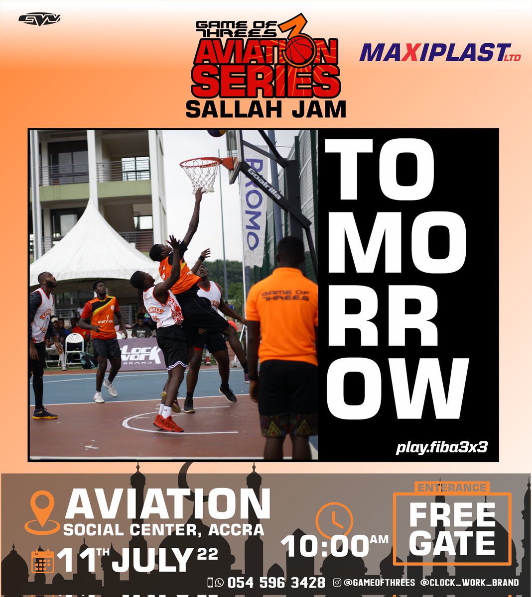 clockwork_brand's tweet photo. The most anticipated and exciting fiba 3x3 basketball craziness is tomorrow... make a date cos this will be straight fire..  🔥🔥🔥🔥🔥🏀🏀🏀🏀🏀. #gameofthrees #Aviationseries #sallahjam https://t.co/yIP5tK2oUW