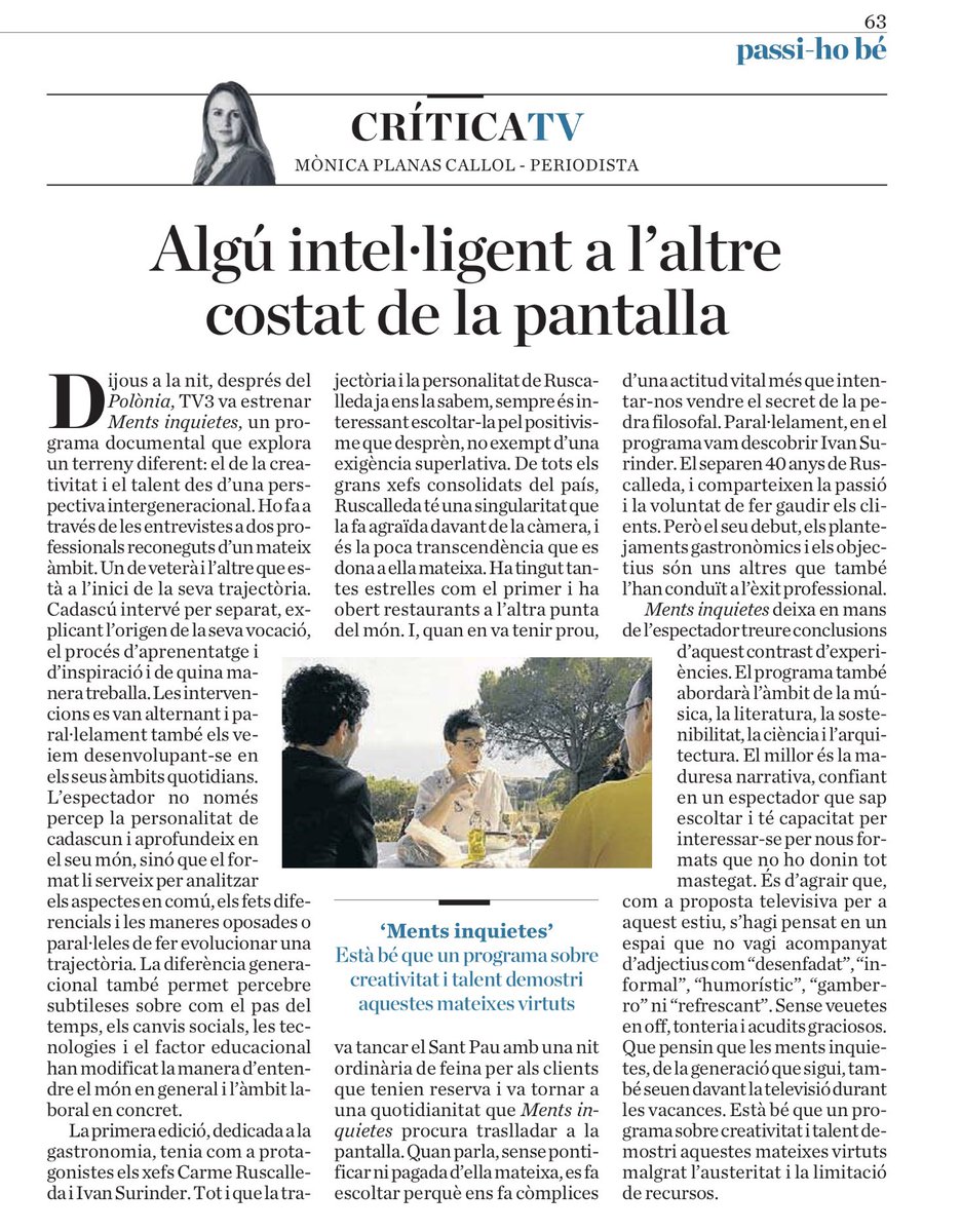 Incis_tv's tweet photo. ✍🏾“Està bé que un programa sobre creativitat i talent demostri aquestes mateixes virtuts” @monicaplanas al @diariARA 

👩‍🍳👨🏾‍🍳 Molt contents de la crítica de Mònica Planas a #MentsInquietesTv3 

📺 Aquest dijous hi tornem a les 23.35h amb Música i Santi Balmes i Maria Arnal. https://t.co/JuRWwODmTy