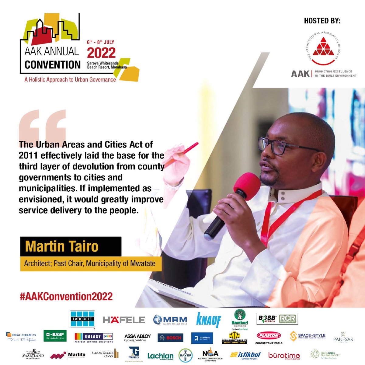Arch_KE's tweet photo. Service delivery is a key aspect of #UrbanGovernance that needs to be protected by legal and policy frameworks in our systems.

@mmtairo giving his remarks at the #AAKConvention2022 https://t.co/MNimvqUQPY