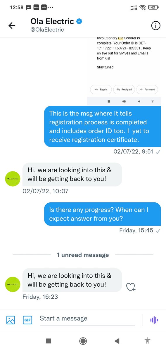AGCdri's tweet photo. @bhash Vehicle delivered on 18the Jan 22. No RC has bern given yet! Contacted call center 10 times. Tweeted you and @OlaElectric. DMed them as desired. What should I do? Approach consumer court or what?
I will be thankful if you address my problem. I am big proponent of Ola! https://t.co/Achj3XVmWy