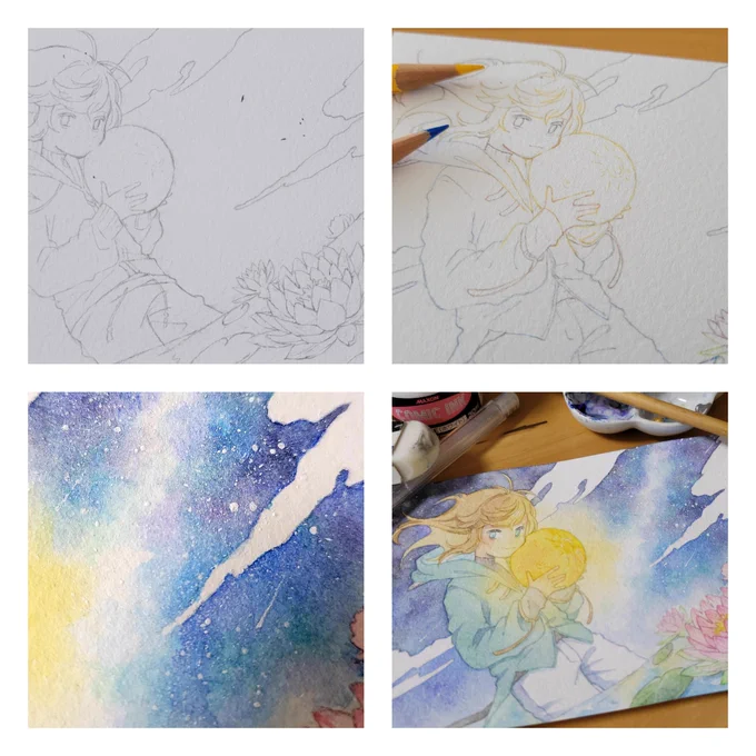 最近の手順🖌️
デジタルでラフ(描き直しで紙が傷まない最高)→シャーペンで線画→色鉛筆で線画(完成した時なんか綺麗)→ひたすら塗る→歪み取りつつ乾かし(紙が真っ直ぐになるよう祈る)→スキャン→アプリで色味加工 