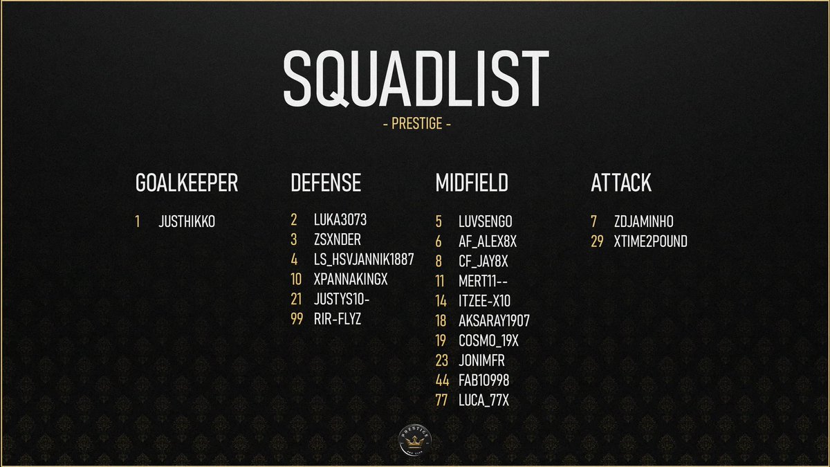 Prestige (@prestigefifax) on Twitter photo ๐ #SQUADLIST ๐
Our final Squad for the upcoming <a href="/VPGPremier/">VPG Esports Premier</a> Season ๐
Lets do this ๐ฅ
<a href="/OfficialVPG/">Virtual Pro Gaming</a>
#Prestige
#crown ๐ #SQUADLIST ๐
Our final Squad for the upcoming <a href="/VPGPremier/">VPG Esports Premier</a> Season ๐
Lets do this ๐ฅ
<a href="/OfficialVPG/">Virtual Pro Gaming</a>
#Prestige
#crown