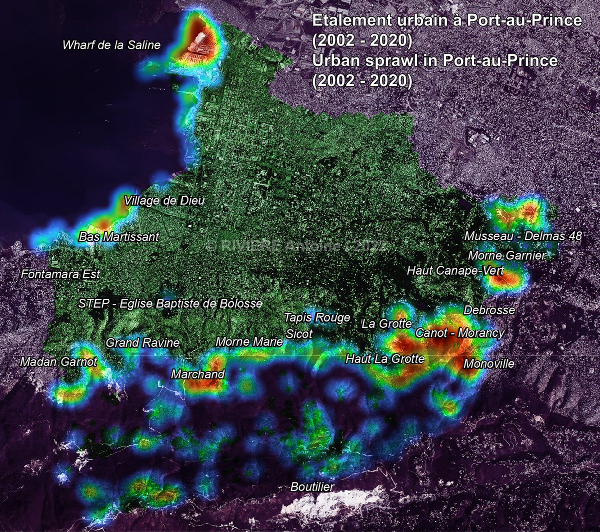 riv_antoine's tweet photo. 🇭🇹🗺️
Une carte de chaleur pour identifier les principaux foyers d'étalement et de comblement à Port-au-Prince depuis 2002. 

En 2020, l'étalement urbain reste multidirectionnel et demeure un vecteur d'accroissement des vulnérabilités et des risques.

#Haiti #heatmap

 ⬇️ https://t.co/Oz6Jw9SsRO