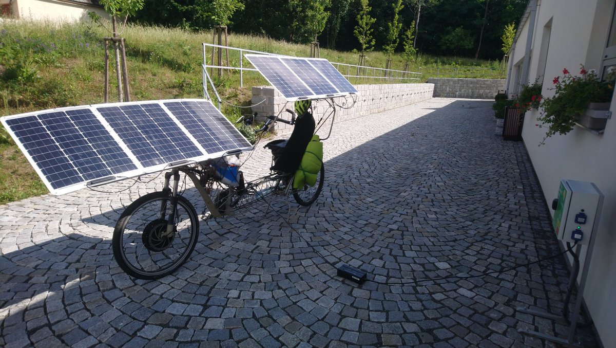 ArachneLabs's tweet photo. Supercharging #solarbike - current solar output is around 120W, charger adds around 250W. Should be still relatively safe for the battery... https://t.co/9vOAC3HBA0