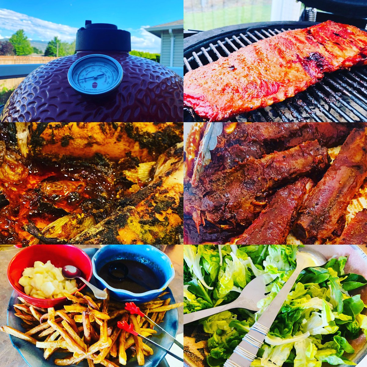 ZWineNinja's tweet photo. Finally summer is here, time for a grill feast! Pork ribs smoked over apple and cherry wood, poutine with house-made demi-glace, and the freshest greens picked today. An epic night for the #SHEnaniganz crew with @SandraOldfield @CBeaton1 & @RozDB #cheflife #funtimez #ninjadayoff https://t.co/6JXAAJcvxE