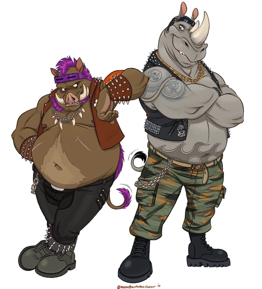 I only show up to post on Twitter once in a millennia but, I drew Bebop and Rocksteady in the movie get-up, I dig their designs #tmntoutoftheshadows #tmnt #fanart #characterdesign #bebopandrocksteady