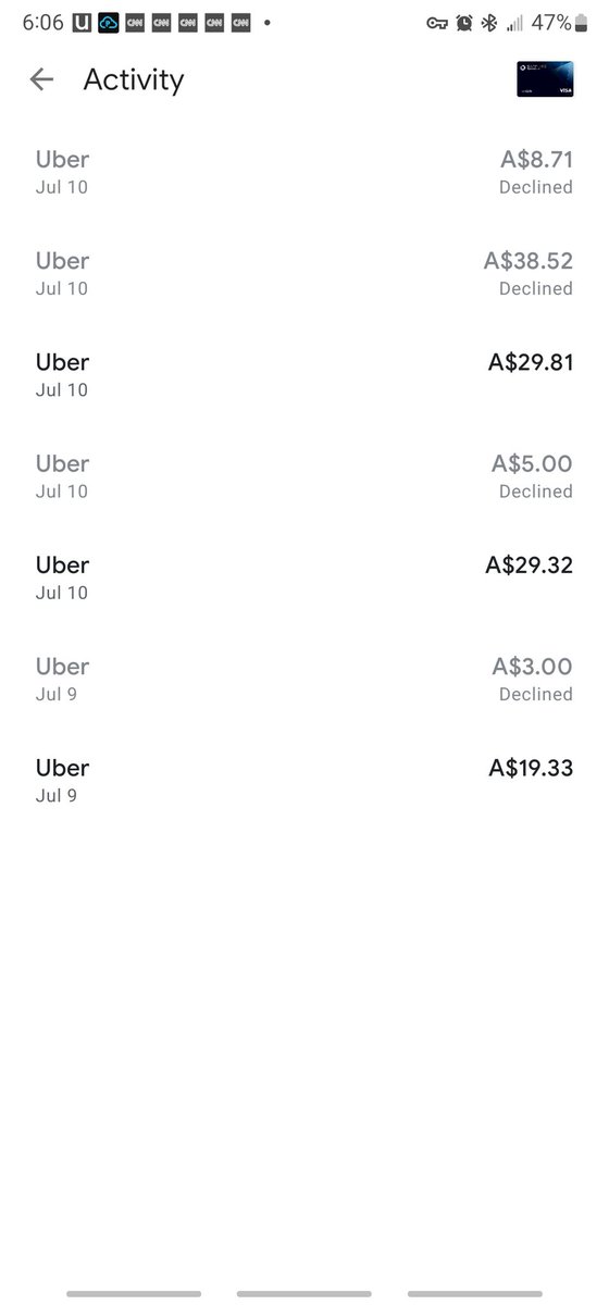 KMSMissouri's tweet photo. @GooglePay @Uber Seems like the first charge for each ride is working, but tips and fare changes are declined. https://t.co/uwJgr10pCk