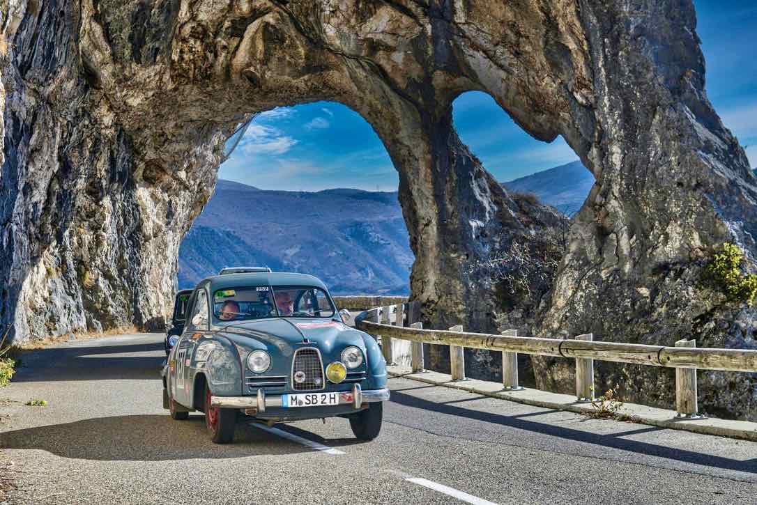 svenskatom's tweet photo. The Saab 93B two-stroke again. Somewhere in the sea alps, France, earlier this year. 🇸🇪🇫🇷 #Saab #Rally https://t.co/0hx2GnDDfd