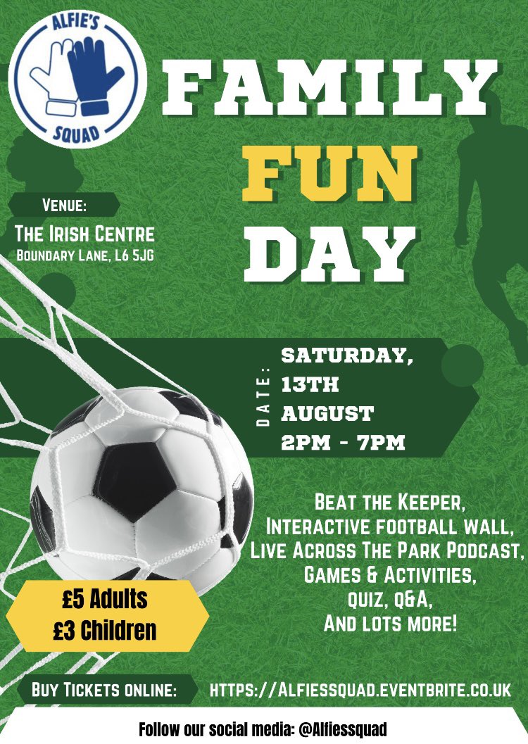 Alfie's Family Fun Day is fast approaching so make sure you get your tickets soon!
All money goes to Alfie's Squad, part of @eitc 
Get your tickets here:
Alfiessquad.eventbrite.co.uk
PLS RT 💙❤️ #efc #lfc #everton