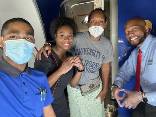 DemandMoreSD's tweet photo. @SouthwestAir I’m glad these nice black folks had a nice flight. This one 👈🏾 sure didn’t. Excited to go home and see these friendly smiles stewarding aboard, this flight was almost grounded bc of a racist #Karen aboard complaining about the all black crew. Stop hate! #BLM #silenceisviolence https://t.co/JTrm3J8z35