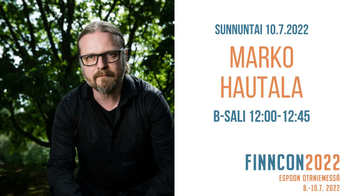 Finncon2022's tweet photo. Kunniavieras Marko Hautalaa on kuvailtu Suomen Stephen Kingiksi, jonka teokset ovat kananlihalle nostattavaa aavemaista, otteessaan pitävää kauhua. Seuraavaksi Hautala on saapumassa B-saliin pitämään kunniavieraspuheensa. Nähdään siellä!

#finncon #finncon2022 #suomalainenfandom https://t.co/rTZUPcdPjh