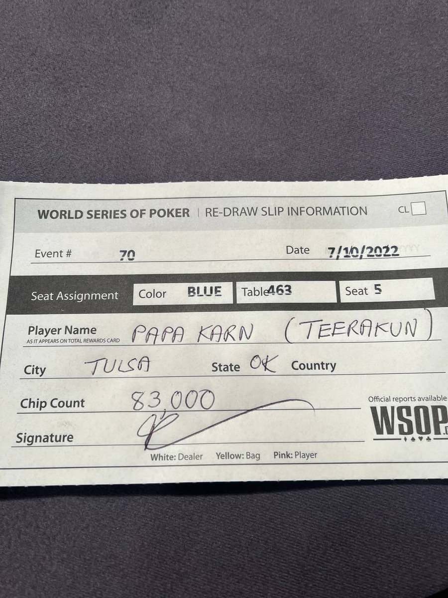 tkarn421's tweet image. Day 4 ticket punched! 83,000 in the bag! 💼 #WSOPMainEvent #PapaKarn