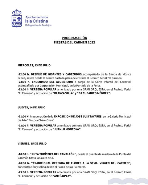 islaturismo's tweet photo. FIESTAS EN HONOR A NUESTRA SRA. DEL CARMEN.
Del 13 al 17 de julio, Isla Cristina
#fiestasdelCarmen, #programción, #IslaCristina https://t.co/UlLLxgGWzk