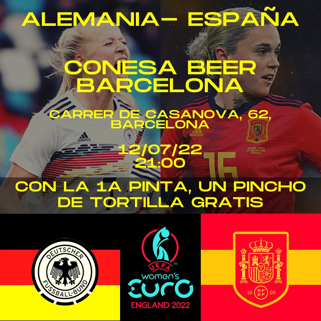 inxa_app's tweet photo. ⚫️🔴🟡 Alemania - España 🔴🟡🔴

Te esperamos el próximo martes 12/07 a las 21:00h en el Conesa Beer Barcelona (C/Casanova, 62). 

¡Disfruta del partido con la mejor compañía!

¡Únete a nuestro telegram para estar al día de todas las novedades! https://t.co/tioUss3XTs

#WEURO22 https://t.co/U9OLnCUYFn