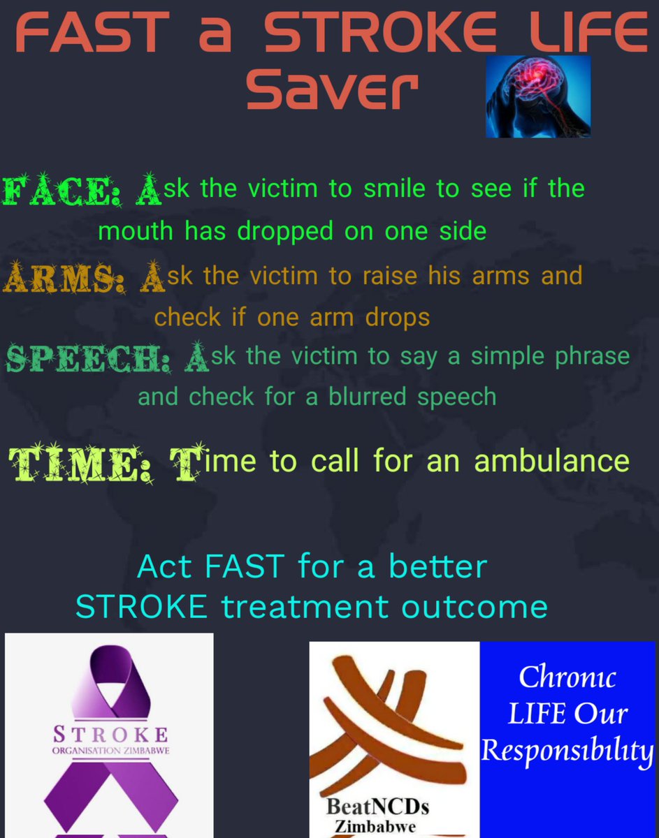 zihazimbabwe's tweet photo. Knowing the signs of #stroke will help you to act FAST and save a LIFE or permanent disability #ActOnNCDs #BeatStroke @MoHCCZim @WHO_Zimbabwe @ncdalliance @WorldStrokeOrg @WorldStrokeEd @WStrokeCampaign @strokezim @strokecare1 @Ncdstalkghana @AfricanStroke @hpalliancecmr https://t.co/GGjE3DtsuH