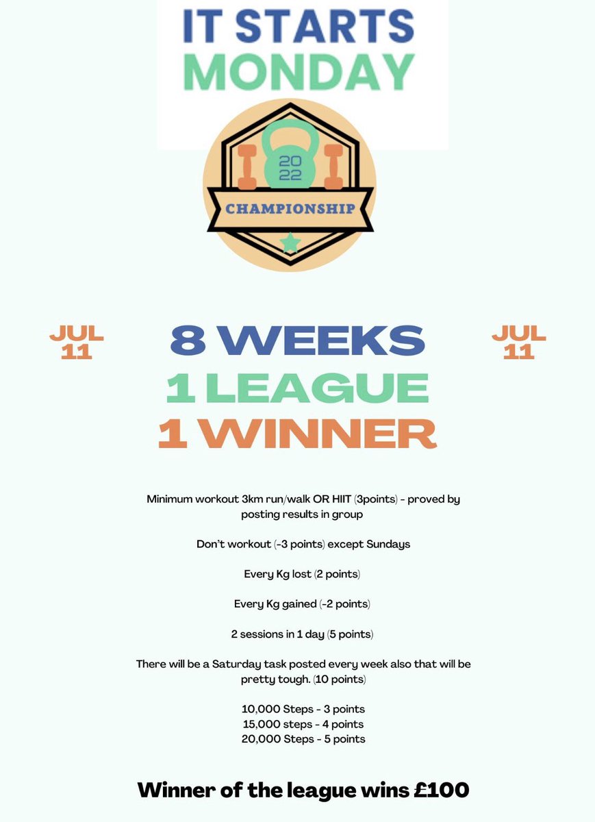 Today is the last chance to join our first ever <a href="/itstartsmonday/">It Starts Monday</a> champions league! If you have woke up wanting to change your life then jump in with us for 8 weeks and have some fun while doing so. Fill in the link. Closes today itstartsmonday.co.uk