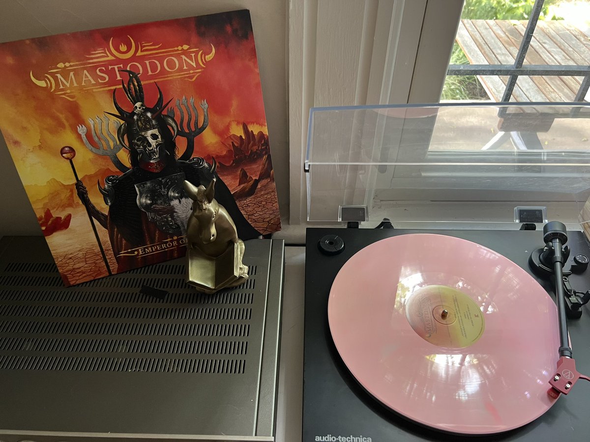 ShadMurib's tweet photo. Morning spins. This pink copy of Emperor of Sand by @mastodonmusic was a #TenBandsOneCause pressing to raise $ for the Red Door Community which provides resources for folks with cancer as well as their caretakers 🖤. Pretty f’n metal if you ask me. https://t.co/m2GnLUwKZT