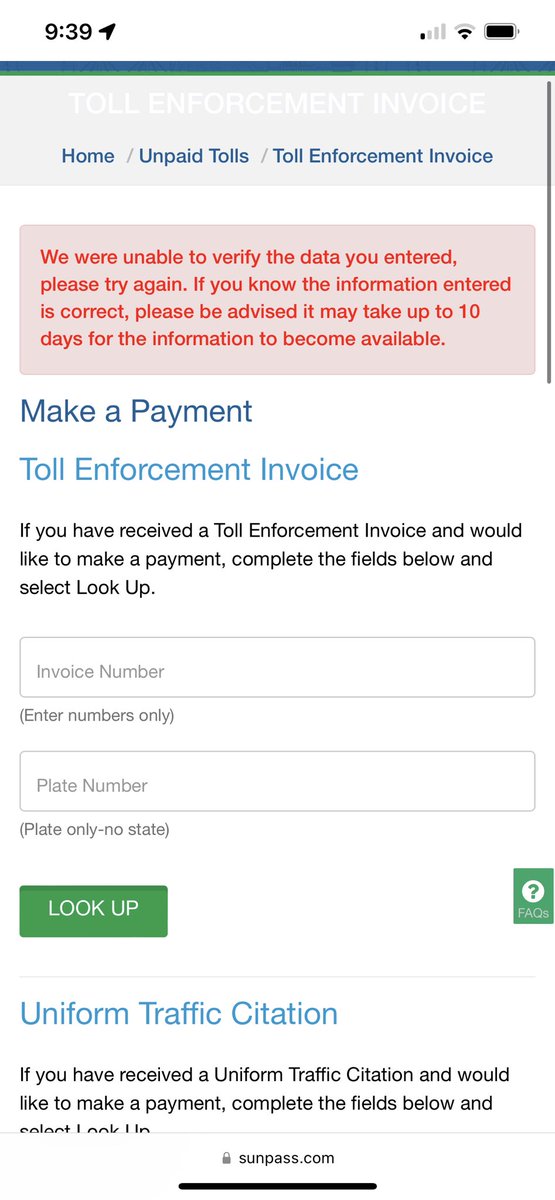 jnb676's tweet photo. @SunPass_FDOT trying to pay my tolls online, keep getting this message. Knowing it’s been more than 10 days since I traveled. Invoice has yet to arrive in mail. Will I get a fine for not paying when clearly I’m being proactive?
@GovDeSantis @MyFDOT_CFL https://t.co/d8xGDVESdf