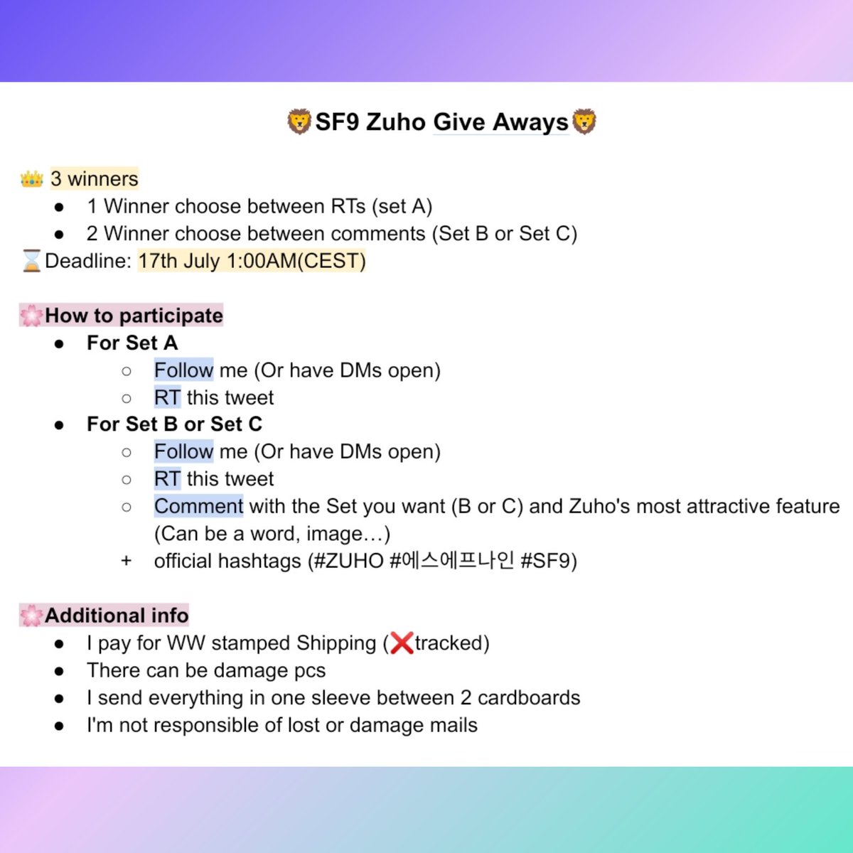 1218menos95's tweet photo. 🦁SF9 Zuho pcs (I couldn't post it on his Birthday😭) 
✨WW✨ Give away🎁

🌸How to entry🌸
Set A
🔹Follow
🔹RT
Set B &amp; C
🔹Follow
🔹RT
🔹Comment
‼️For details, read 4th image

👑3 winners
⌛Deadline: 17th July 1:00AM(CEST) 

#ZUHO #에스에프나인 #SF9 https://t.co/9mL5Ffv6ML