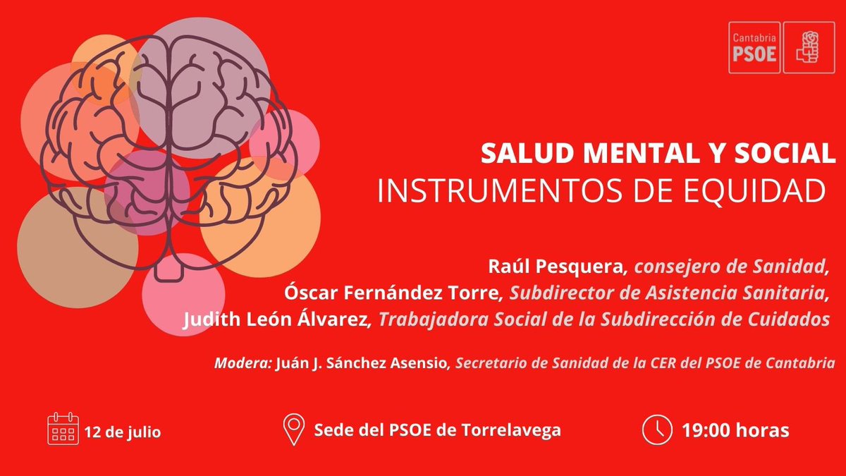 PSOECantabria's tweet photo. 🧠Salud Mental y Social. Instrumentos de Equidad.

📅 Martes 12 de julio
⏰19:00 horas
📍Sede del @PSOETorrelavega https://t.co/N8Q1ESJICq
