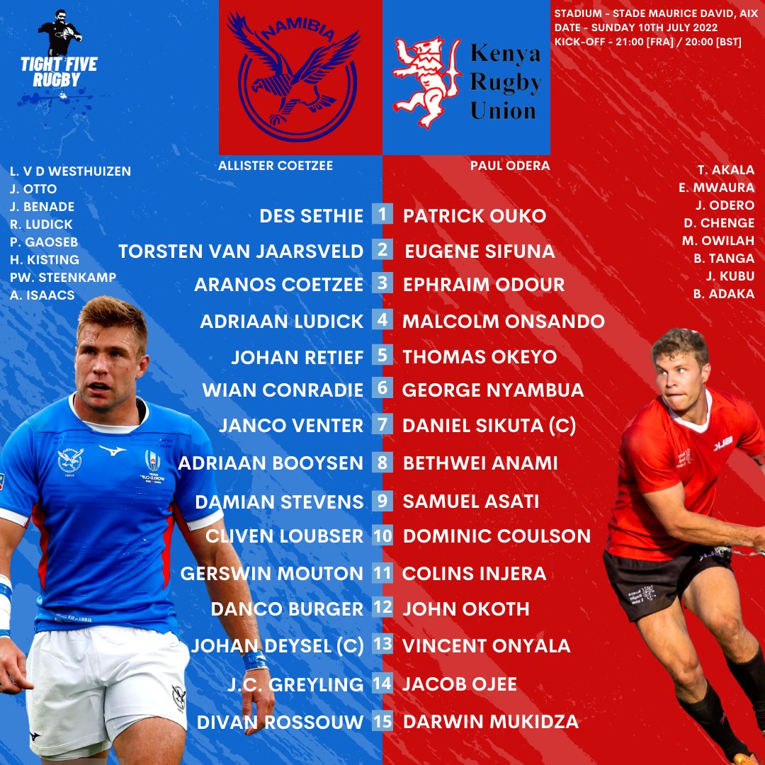TightFive_Rugby's tweet photo. 🇳🇦 𝗡𝗔𝗠𝗜𝗕𝗜𝗔 𝘃 𝗞𝗘𝗡𝗬𝗔 🇰🇪

Welwitschia's face the Simbas in the #RugbyAfricaCup Final.

#RWC2023 qualification on the line. Winner qualifies as Africa1 in Pool A, loser joins the #RWCQualifier Tournament in November.

#RugbyAfrica #RAC2022 #SupportTheSimbas 
#SimbasToRWC https://t.co/URyrZsZweA