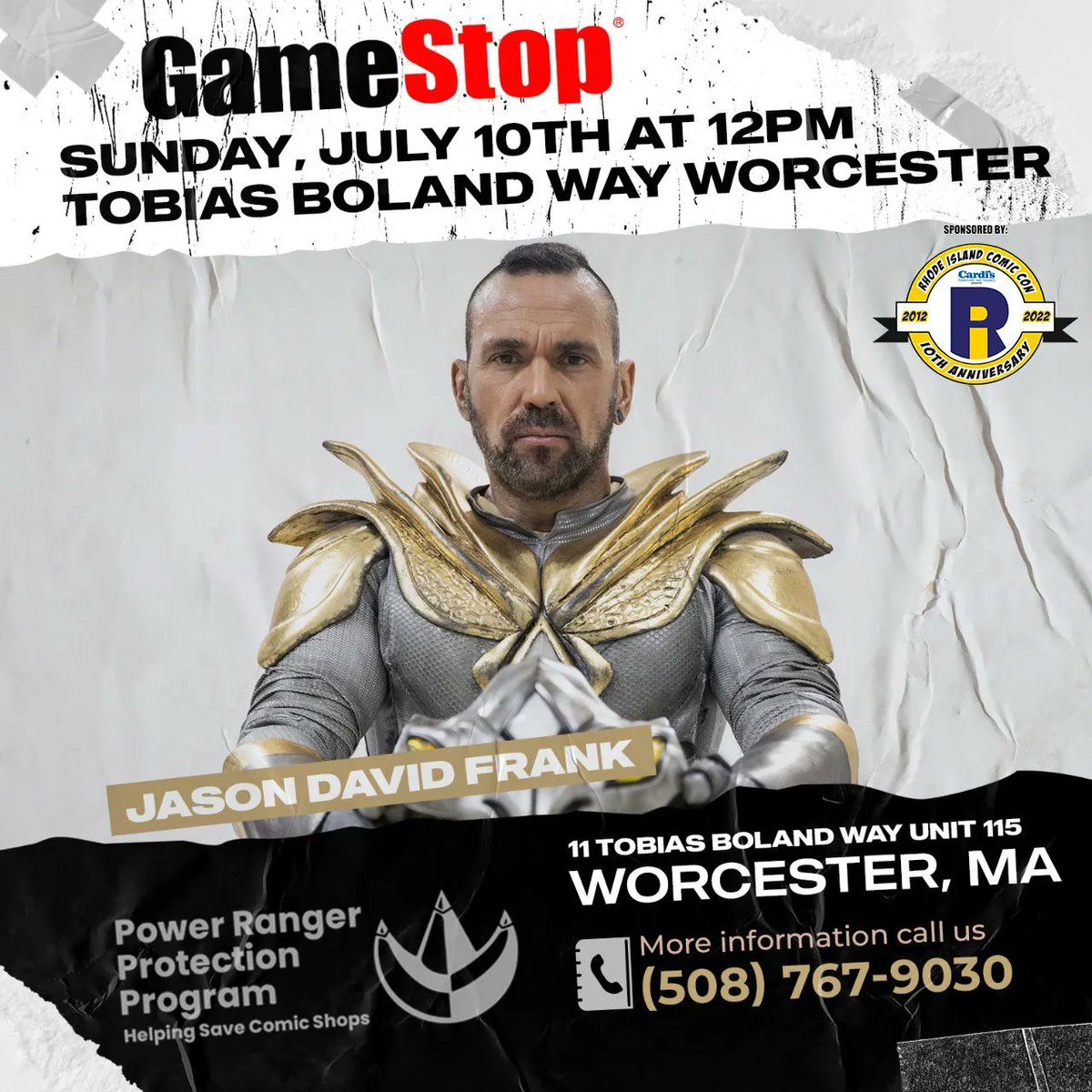 Today's the MA last stop on the #JDFPPP tour, at the @gamestop in Worcester at noon. Meet @jdfffn, our favorite Green Power Ranger. Call the store for your FREE ticket.

This appearance is part of the Power Ranger Protection Program & is sponsored by @ricomiccon.