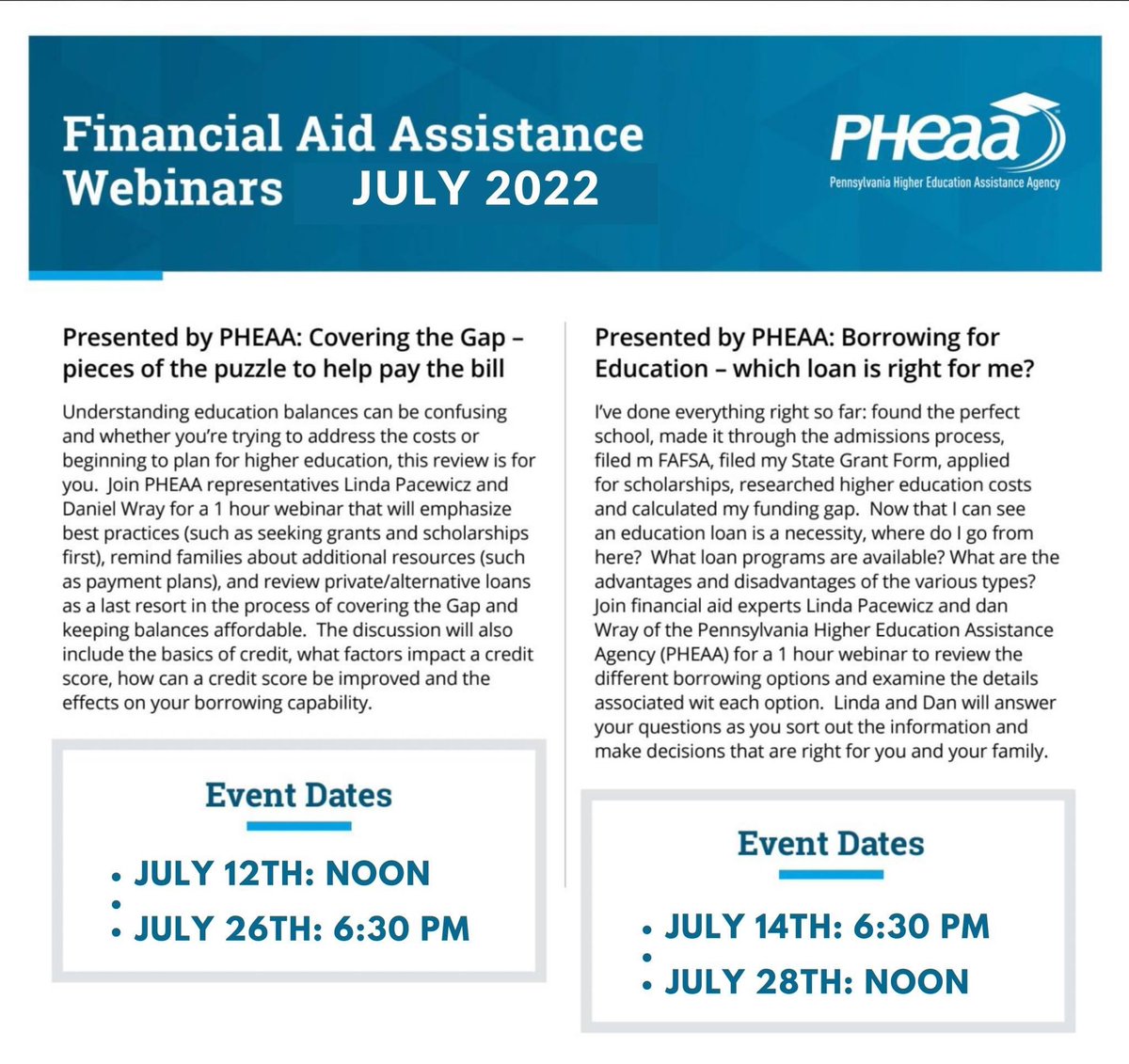 SenatorMuth's tweet photo. Representatives from the Pennsylvania Higher Education Assistance Agency (PHEAA) will be providing a variety of webinars, including an overview of how to apply for all types of financial aid, reviewing financial aid offers, financial aid for non-traditional students, and more! https://t.co/jZ5yPF2CEL