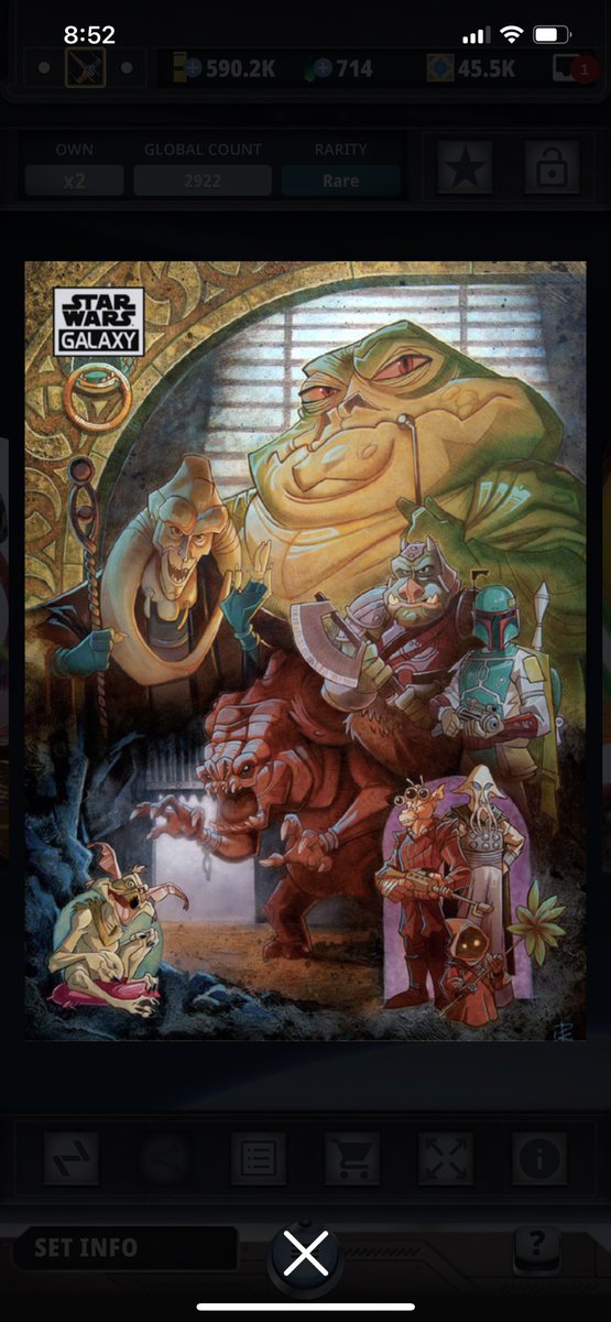 Today’s card is a beautiful illustration of Jabba &amp; his crew. The art is by Patrick Schoenmaker. This chrome card is part of the Galaxy series that was just released on the SWCT app on 7/8/22. It shimmers as you move your phone around. Too bad you can’t see that. It’s very cool.