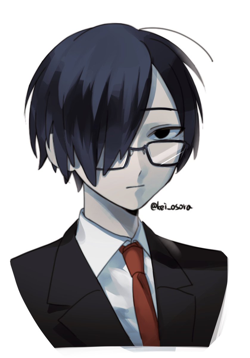 necktie 1boy male focus hair over one eye glasses solo black hair  illustration images