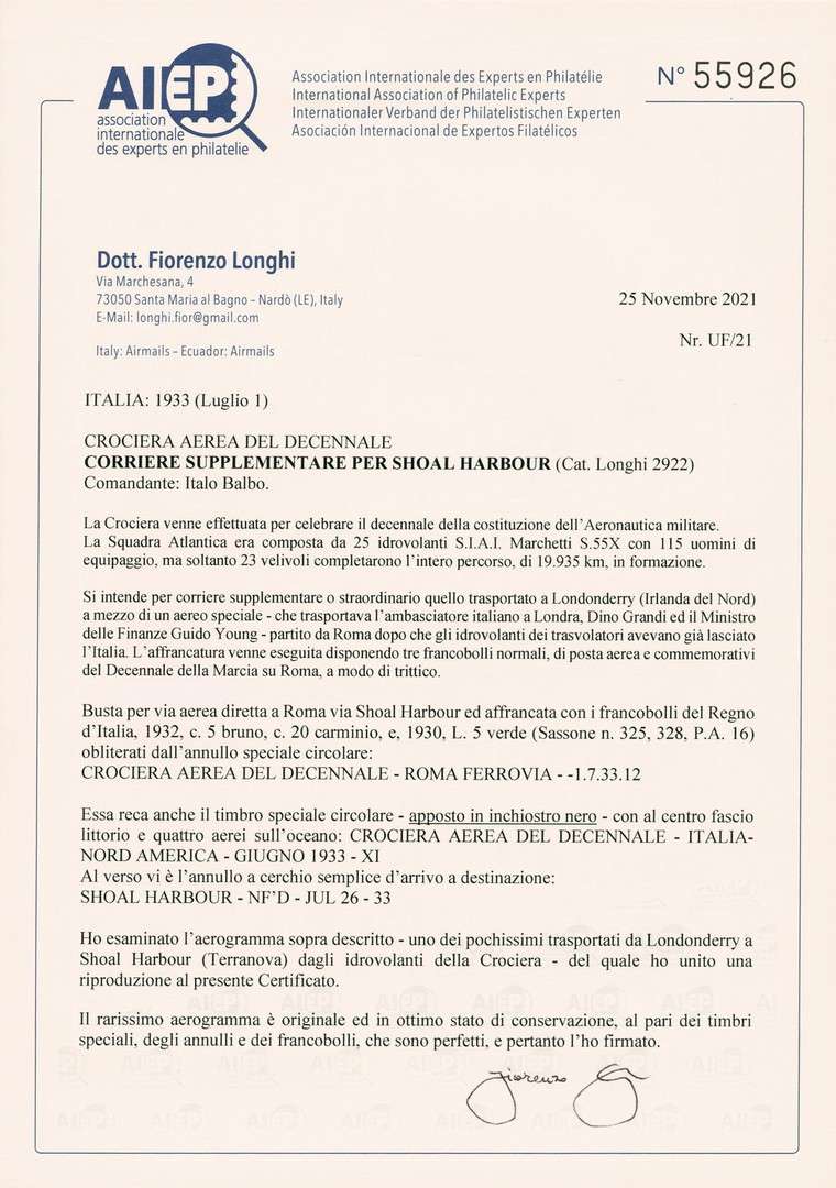 SVaccariSpace's tweet photo. 1933 Italo Balbo CROCIERA AEREA DEL DECENNALE P. 2
CORRIERE SUPPLEMENTARE per NEW YORK e SHOAL HARBOUR 1.7.1933
RARITÀ TRATTATIVA PRIVATA Ex Coll. “Alfredo #Bessone”

https://t.co/wzzVsyxxwY
Email info@airmailandspace.com

#philately #filatelia #philatelie #italia #italy #balbo https://t.co/q0t2La2NK3