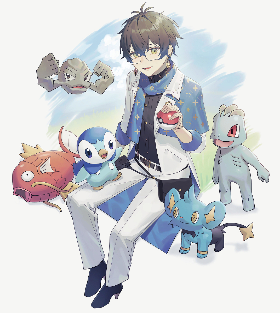 piplup pokemon (creature) white pants 1boy crossover glasses holding brown hair  illustration images