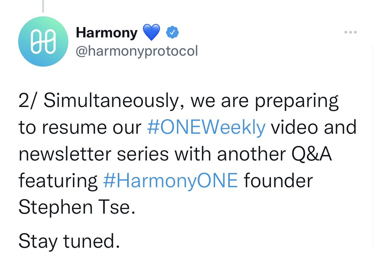 kratos_harmony's tweet photo. .@harmonyprotocol “We are preparing to resume our #ONEWeekly video &amp; newsletter series w/ another Q&amp;A featuring #HarmonyONE Founder / CEO Stephen Tse @stse ” is definitely first #bullish comeback 🚀 $ONE fam, Let’s give some 💙 to @logandetty,  true creative host of ONEWeekly! https://t.co/4c2knAyQOM