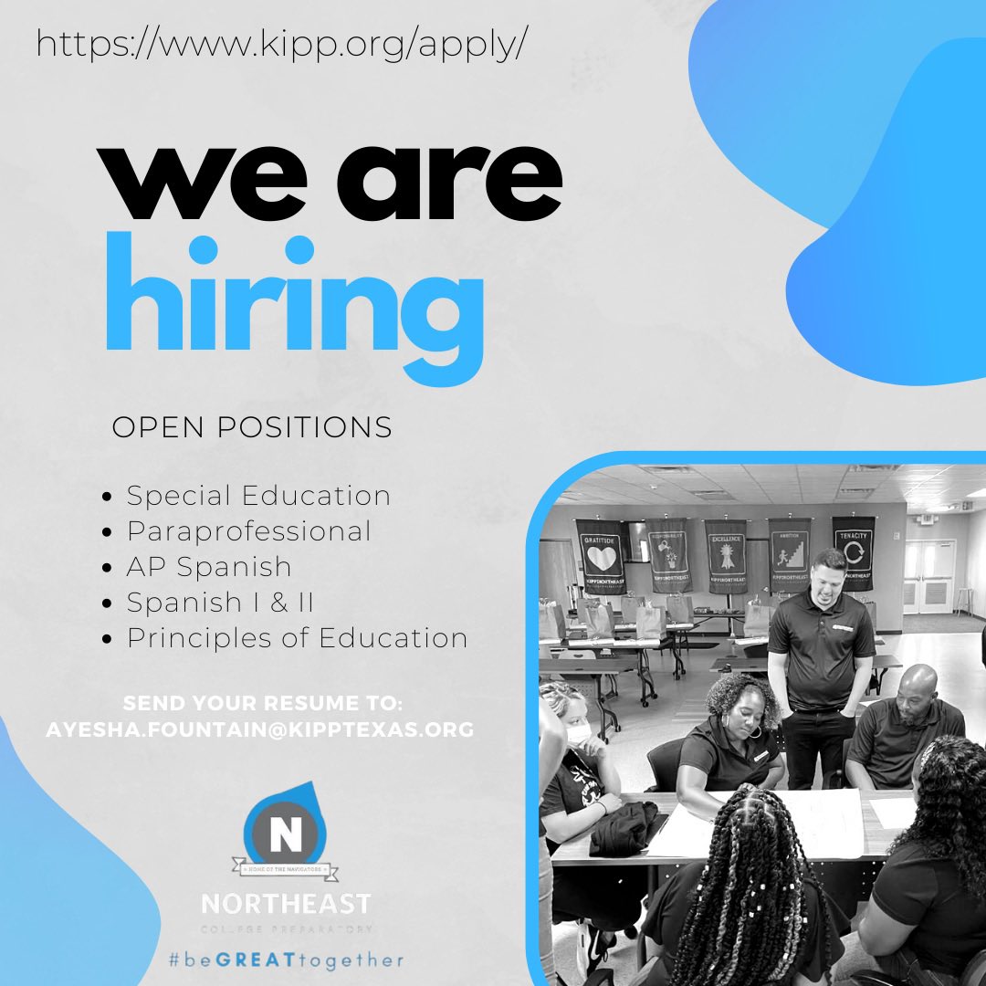 ayeshazfountain's tweet photo. @AndreaSegraves We are hiring at KIPP Northeast College Prep! https://t.co/ZBHq2AtwK4