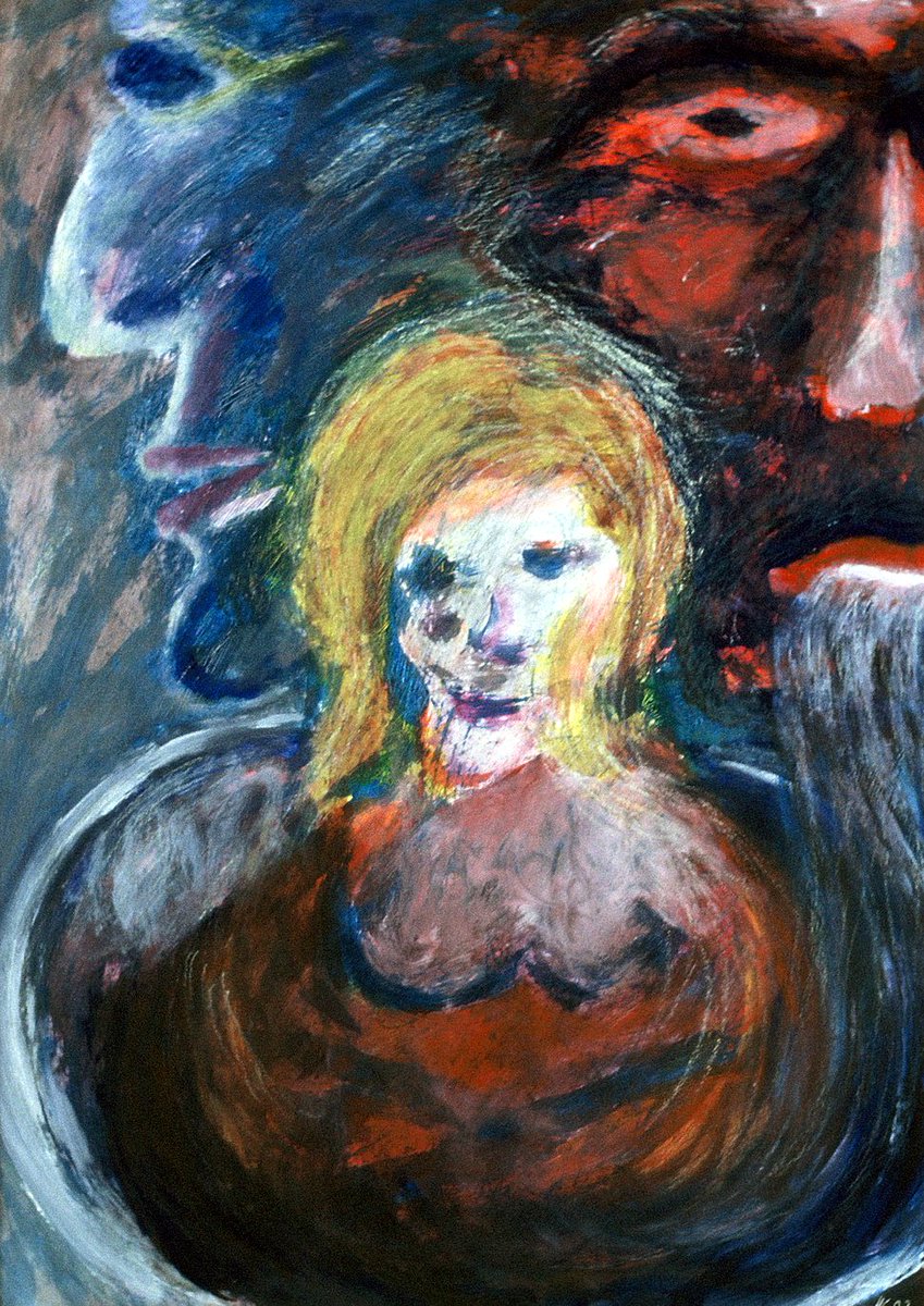 Porträt einer Frauengestalt, die in einem Eimer sitzt, dahinter 2 Männerköpfe einer in blau von der Seite, einer eher rot von vorne, aus seinem mund fließt Wasser in den Eimer. Die Frau sieht blond und alt aus.