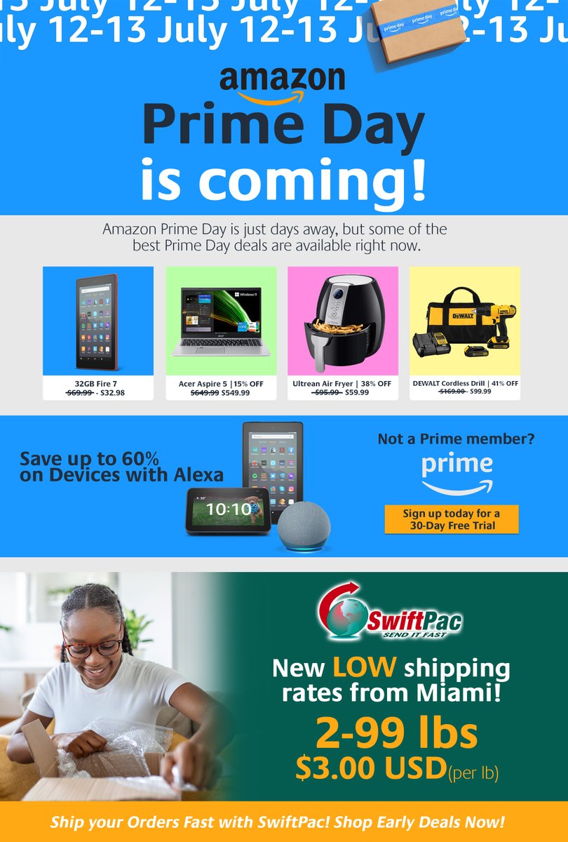 SwiftPac's tweet photo. Prime Day is only 2 days away!  🎉
Shop early deals now! 🛒https://t.co/QHPSBRnYKd

Shop, Save &amp; Ship with #SwiftPac! ✈️📦

#SenditFast #PrimeDay #SALE https://t.co/5KEQExW7jK